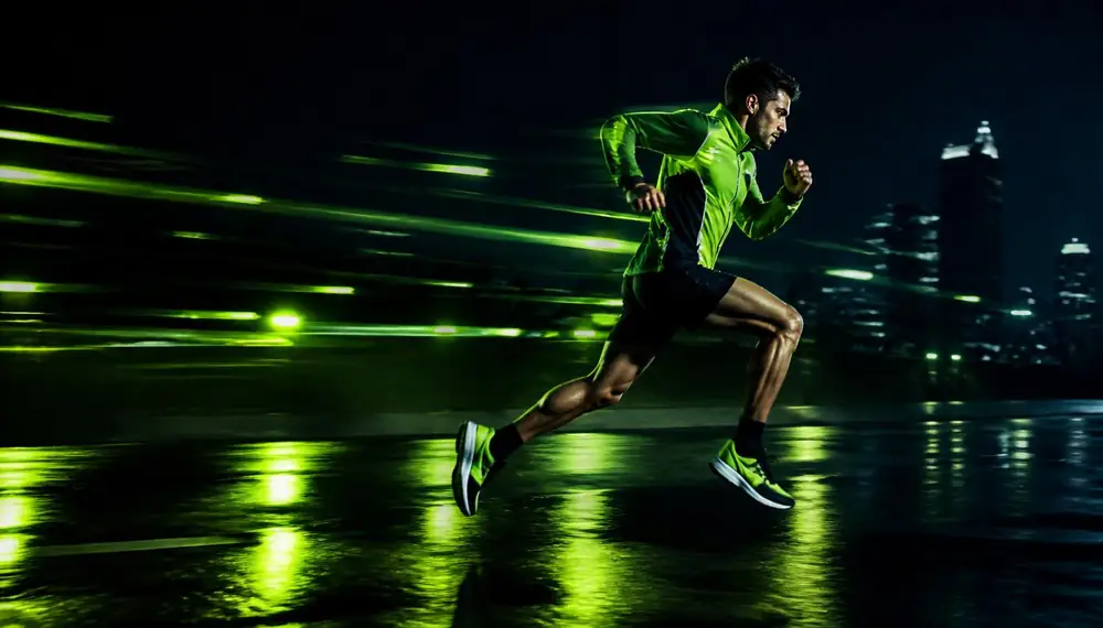 Atleta correndo à noite em ritmo acelerado